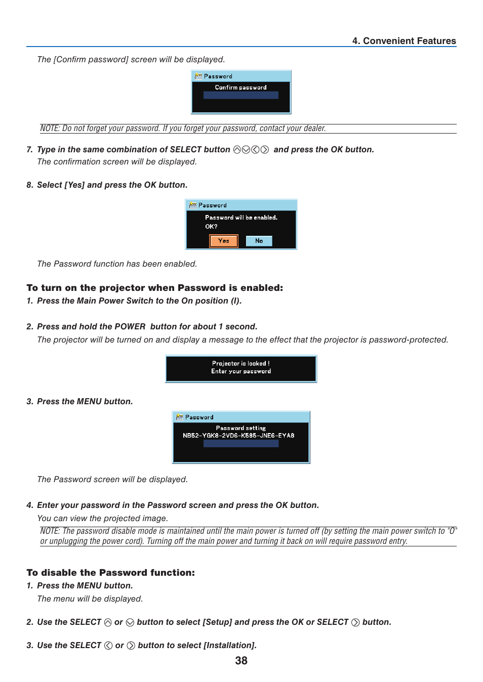 To turn on the projector when password is enabled, To disable the password function | Canon LV 7365 User Manual | Page 47 / 83