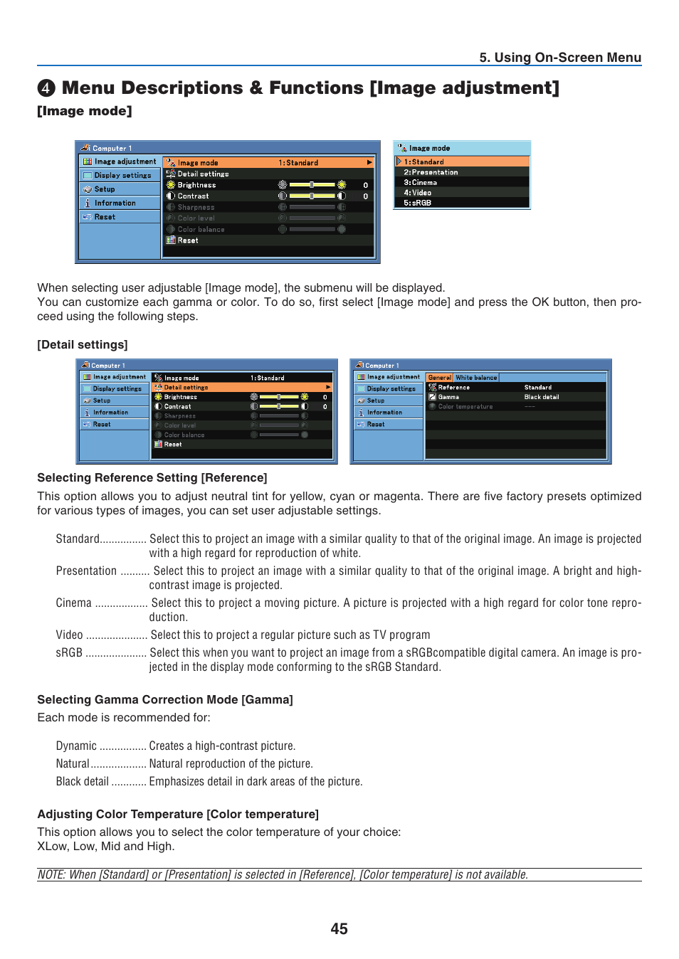 Menu descriptions & functions [image adjustment | Canon LV 7365 User Manual | Page 54 / 83