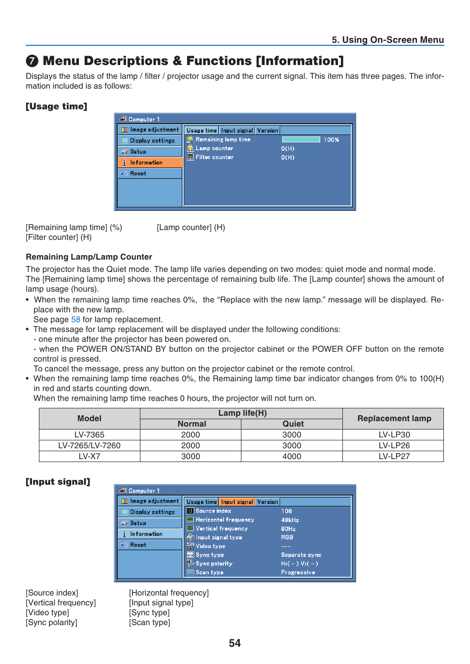 Menu descriptions & functions [information | Canon LV 7365 User Manual | Page 63 / 83