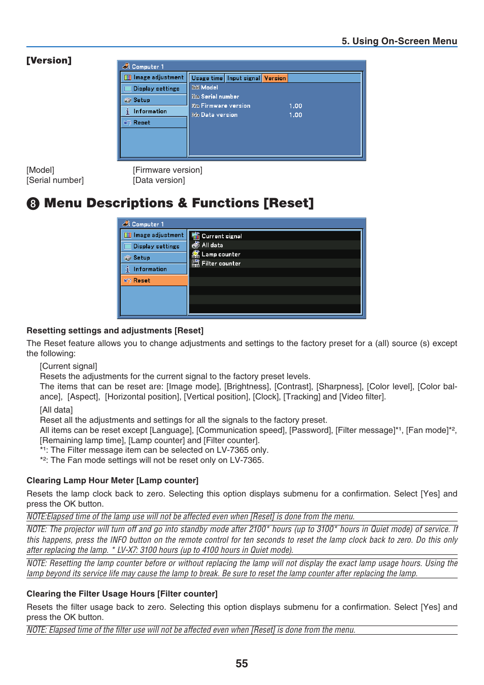 Menu descriptions & functions [reset | Canon LV 7365 User Manual | Page 64 / 83