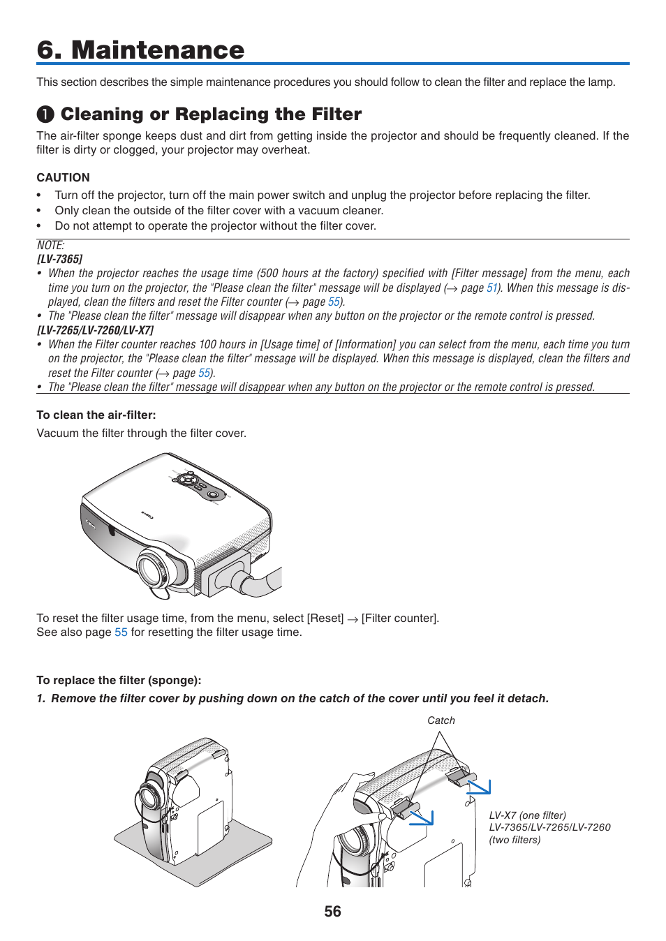 Maintenance, Cleaning or replacing the filter | Canon LV 7365 User Manual | Page 65 / 83