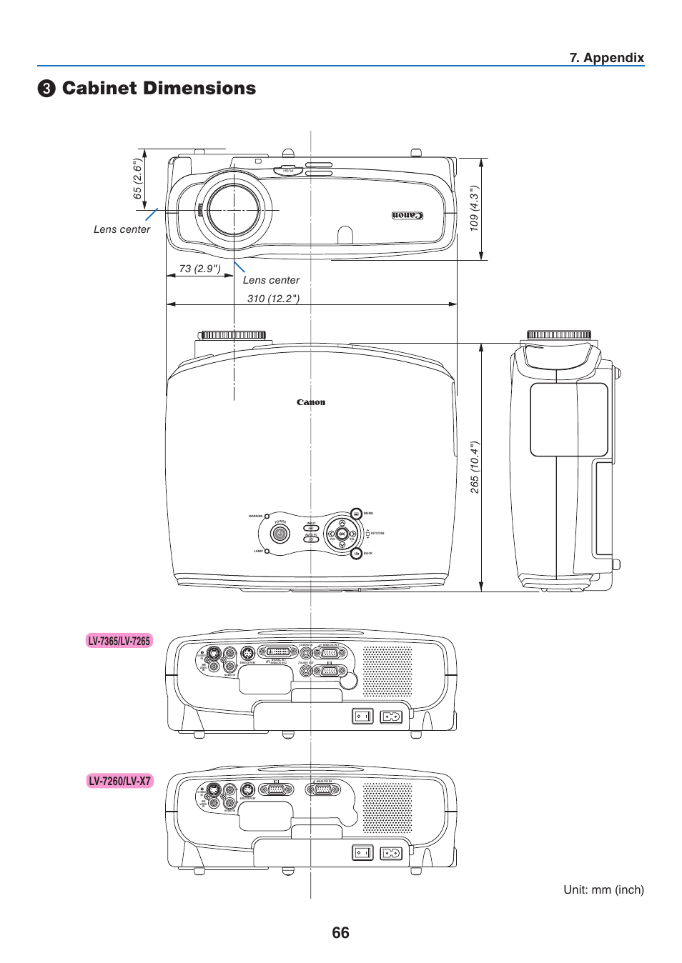 Cabinet dimensions, Appendix, Unit: mm (inch) | Lens center | Canon LV 7365 User Manual | Page 75 / 83