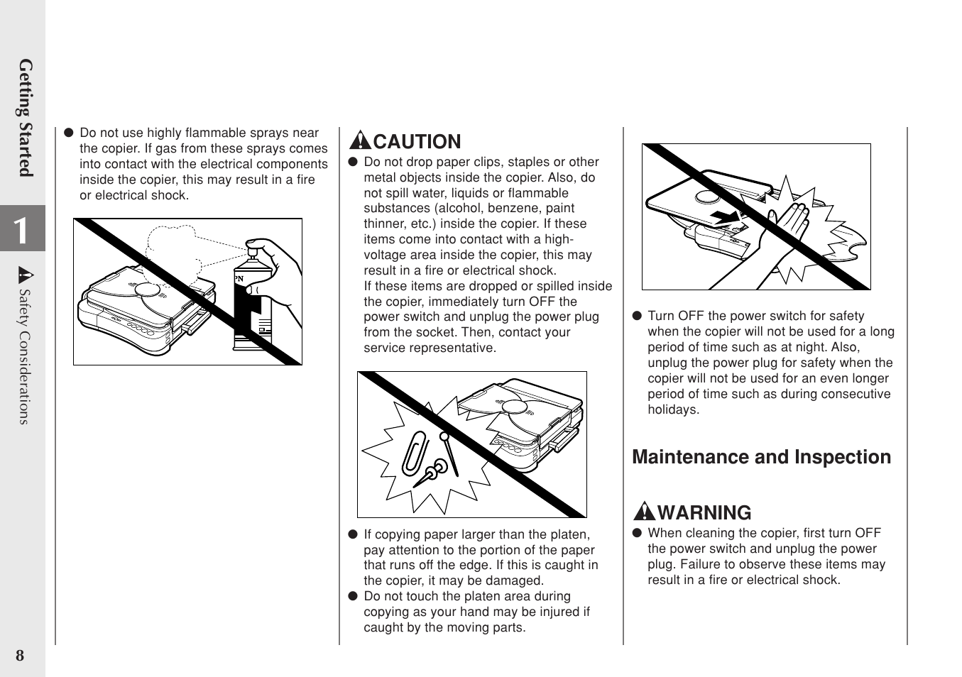 Caution, Maintenance and inspection warning | Canon PC 140 User Manual | Page 10 / 60