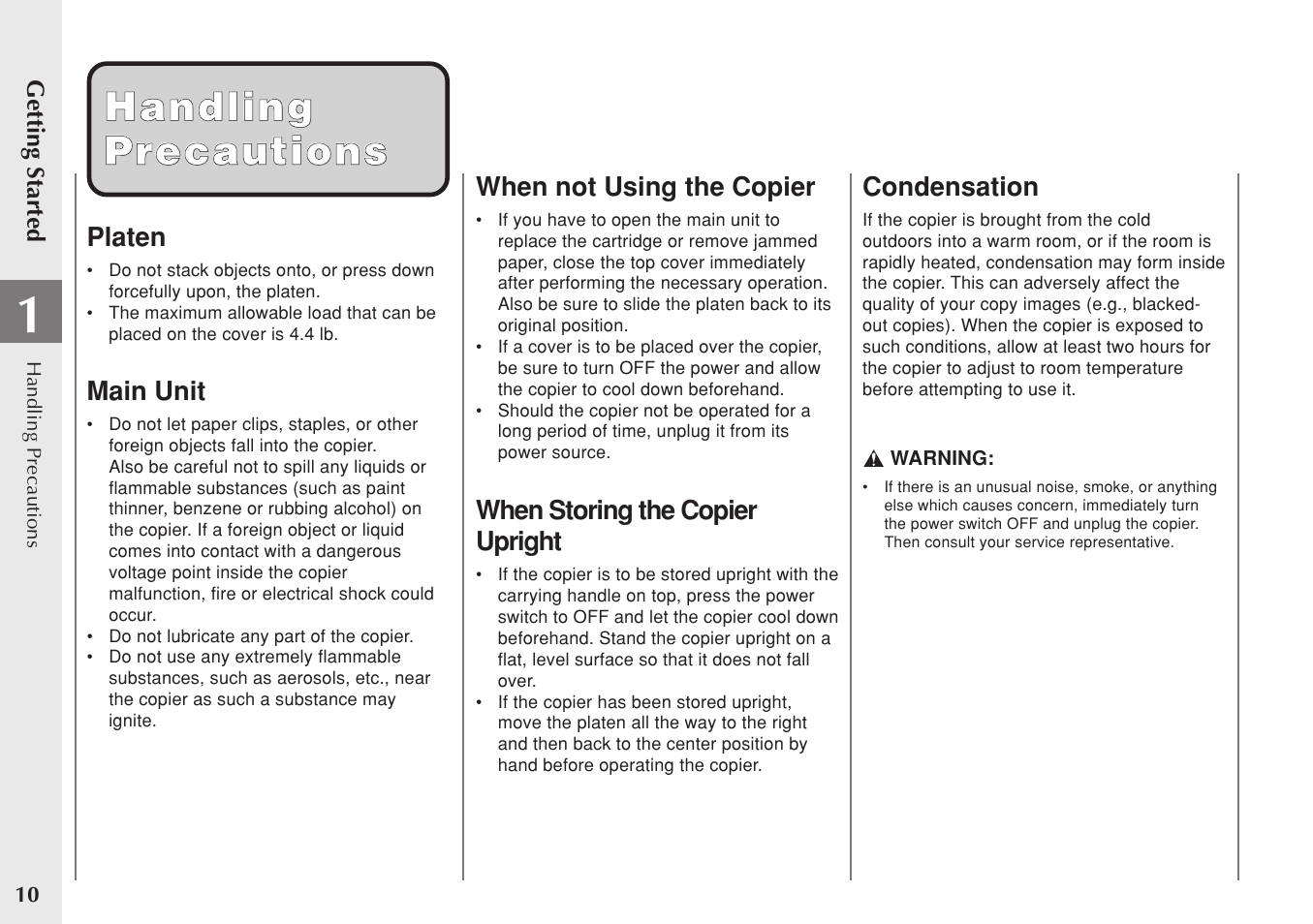 Handling handling precautions precautions, Platen, Main unit | When not using the copier, When storing the copier upright, Condensation | Canon PC 140 User Manual | Page 12 / 60