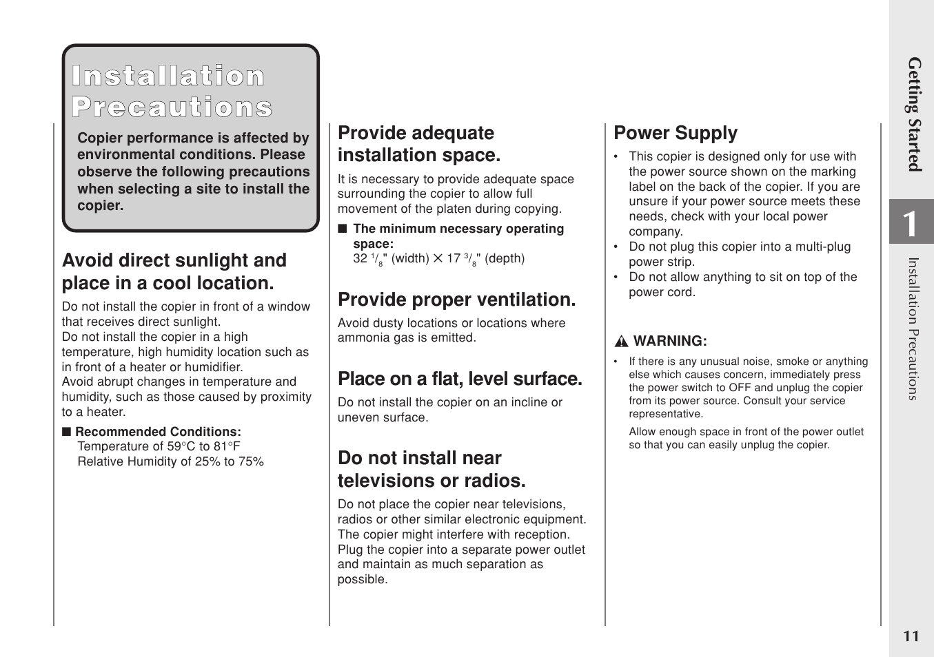 Installation installation precautions precautions, Avoid direct sunlight and place in a cool location, Provide adequate installation space | Provide proper ventilation, Place on a flat, level surface, Do not install near televisions or radios, Power supply | Canon PC 140 User Manual | Page 13 / 60