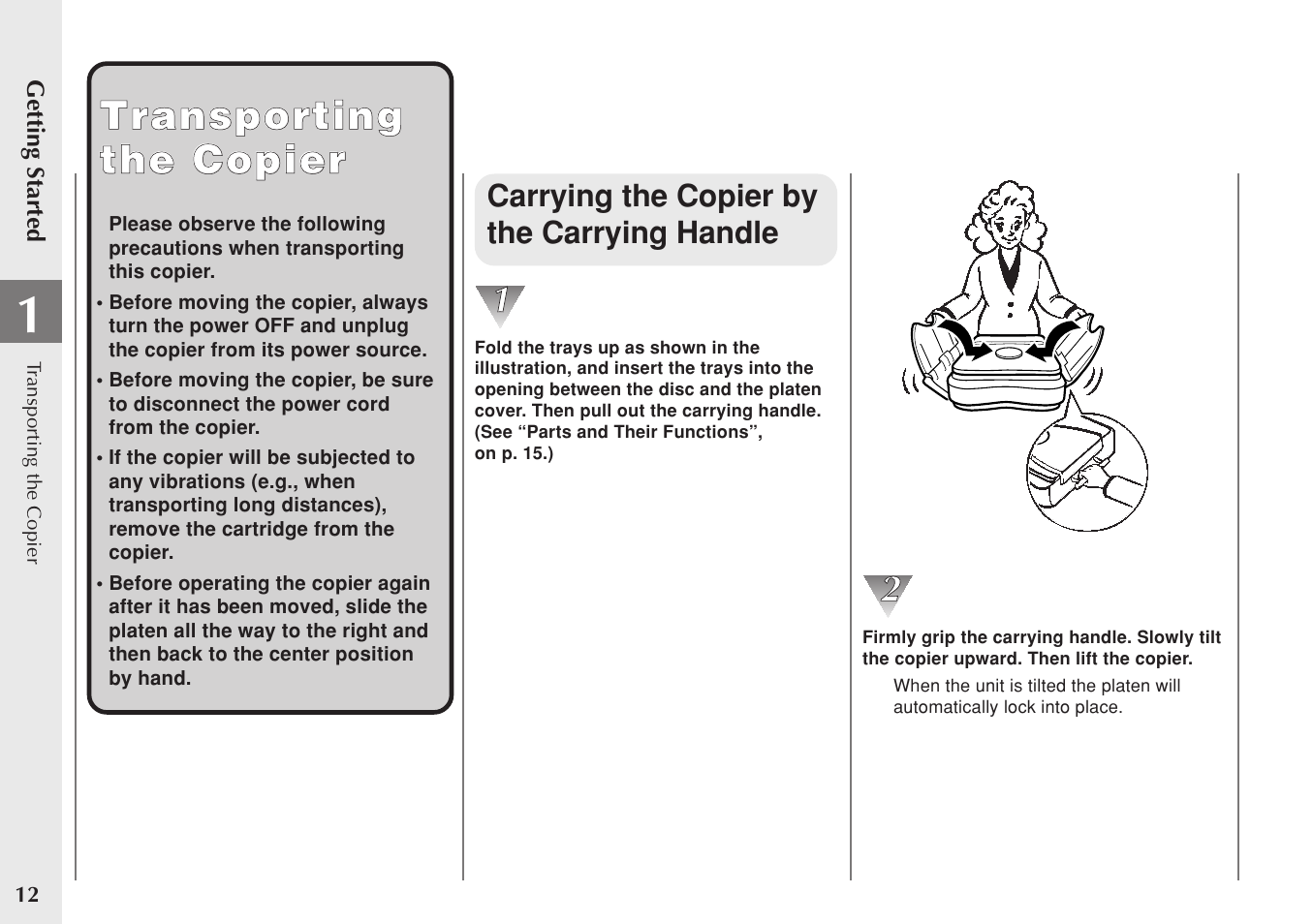 Transporting transporting the copier the copier, Carrying the copier by the carrying handle | Canon PC 140 User Manual | Page 14 / 60