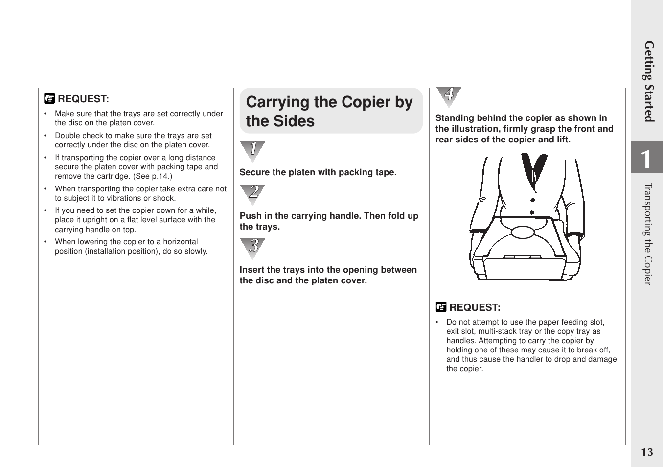 Carrying the copier by the sides, Getting started | Canon PC 140 User Manual | Page 15 / 60