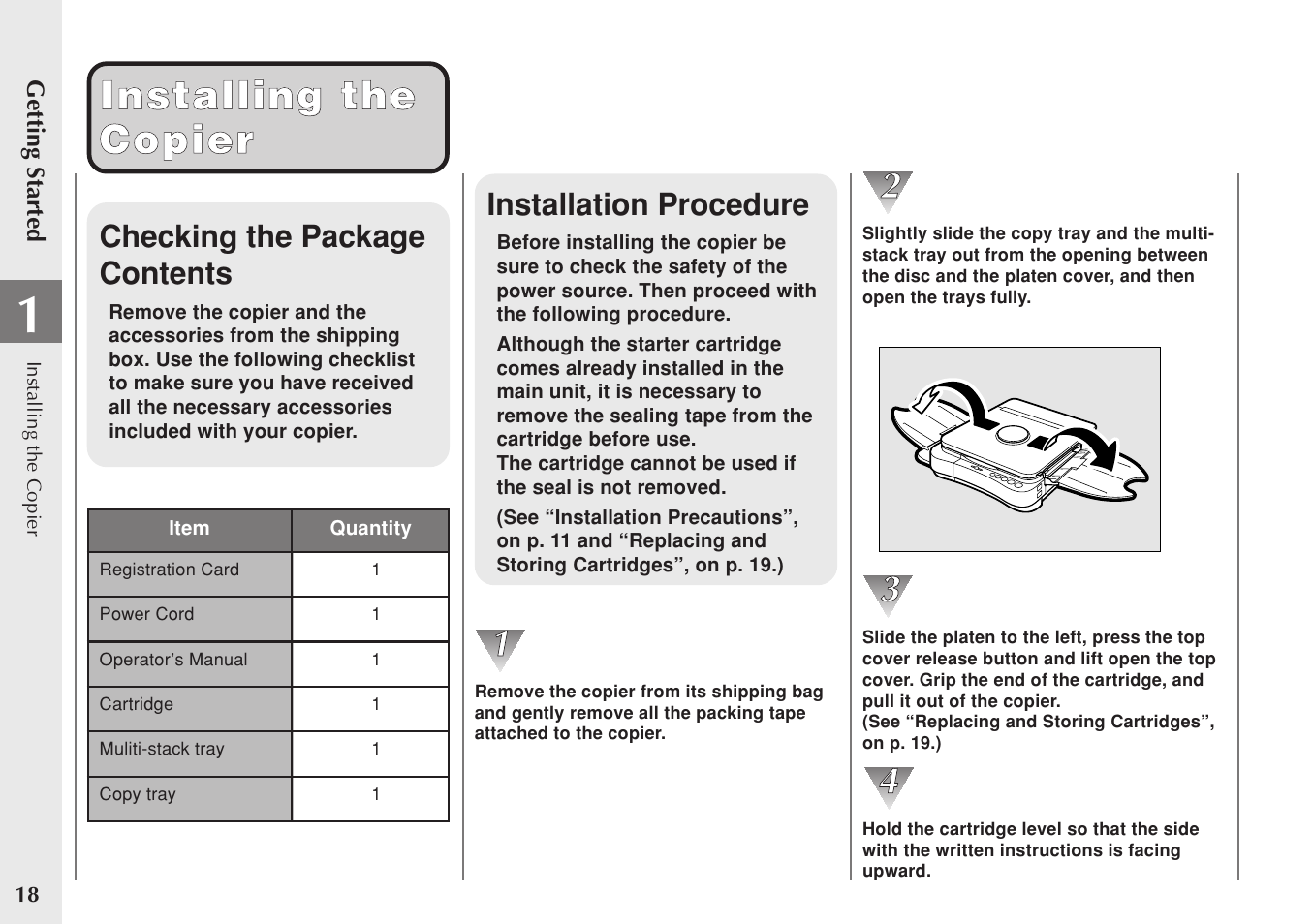 Installing the installing the copier copier, Checking the package contents, Installation procedure | Canon PC 140 User Manual | Page 20 / 60