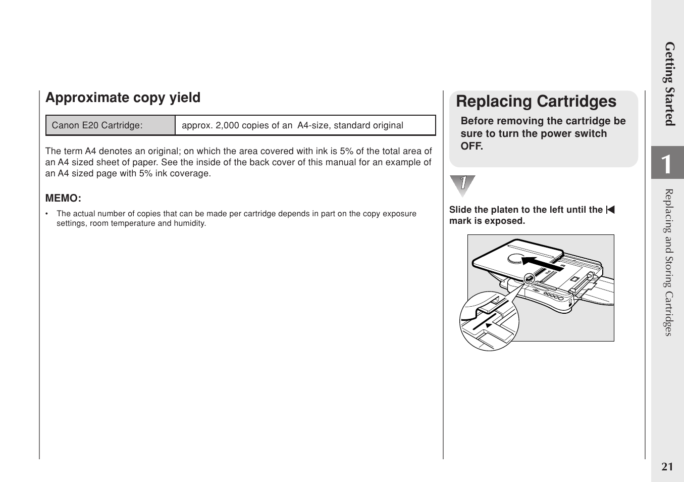 Replacing cartridges | Canon PC 140 User Manual | Page 23 / 60