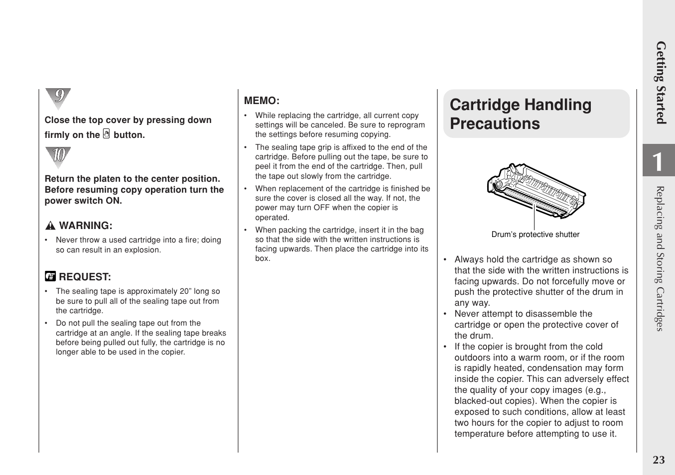 Cartridge handling precautions, Getting started | Canon PC 140 User Manual | Page 25 / 60