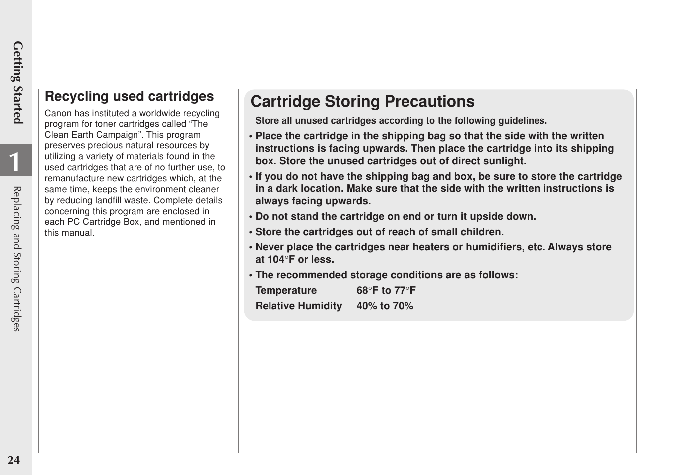 Cartridge storing precautions | Canon PC 140 User Manual | Page 26 / 60