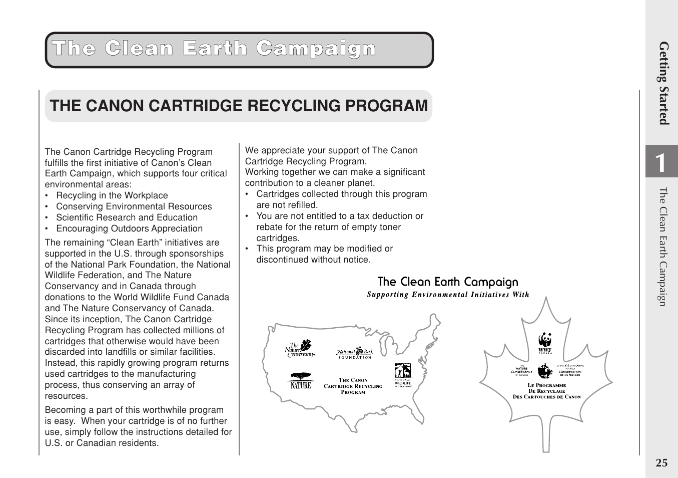 The clean earth campaign, The canon cartridge recycling program | Canon PC 140 User Manual | Page 27 / 60