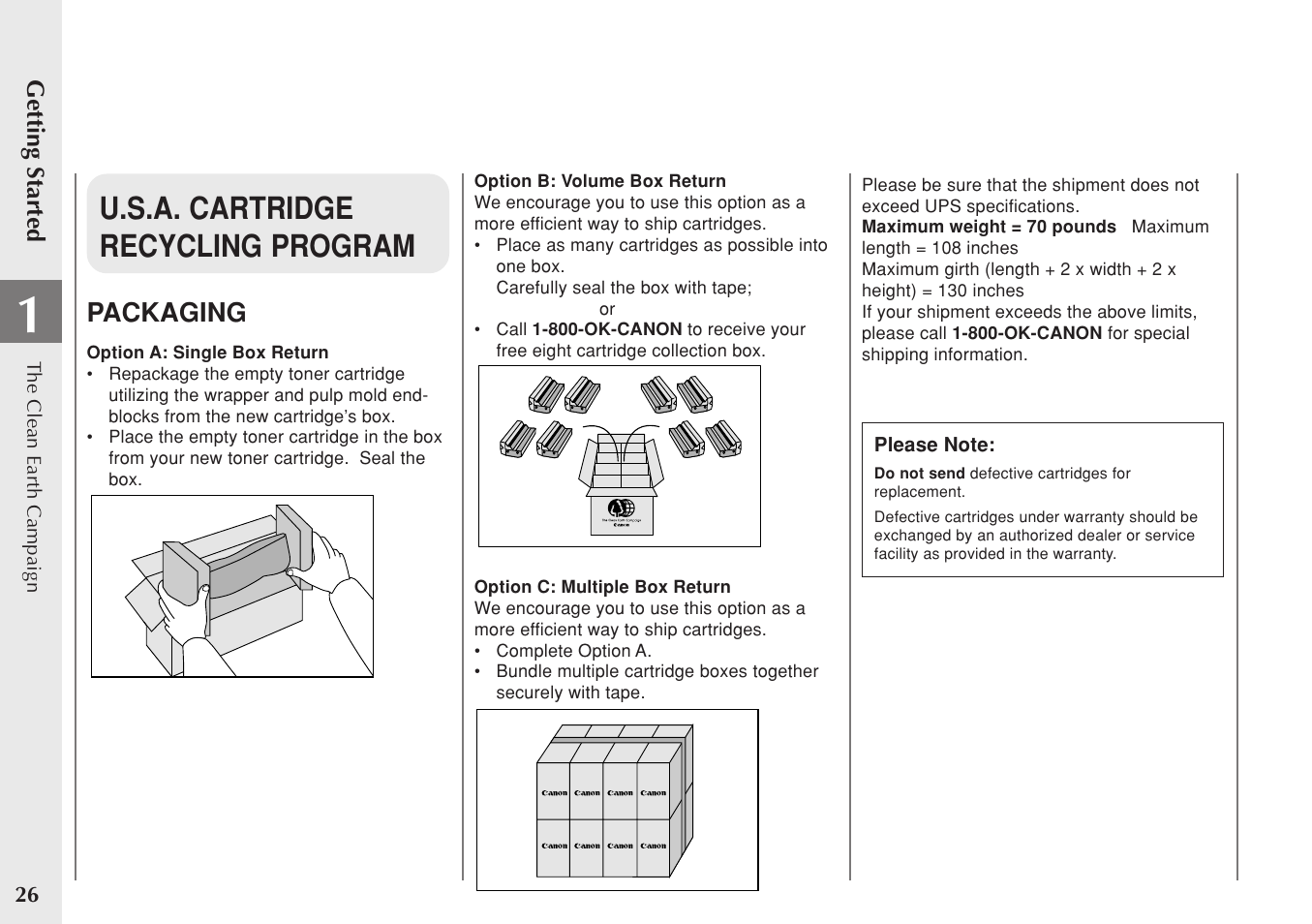 U.s.a. cartridge recycling program, Packaging | Canon PC 140 User Manual | Page 28 / 60