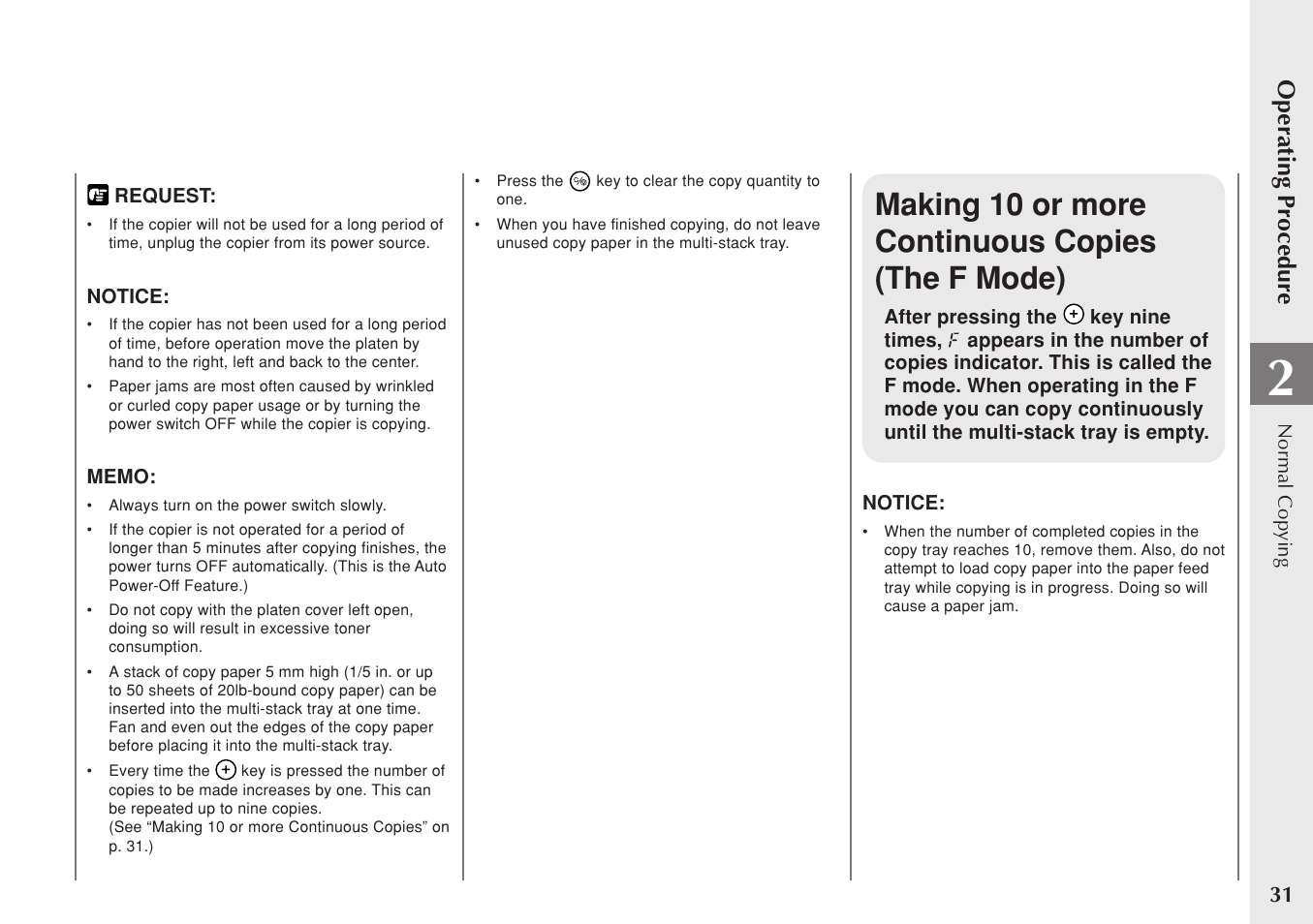 Making 10 or more continuous copies (the f mode), Operating procedure | Canon PC 140 User Manual | Page 33 / 60