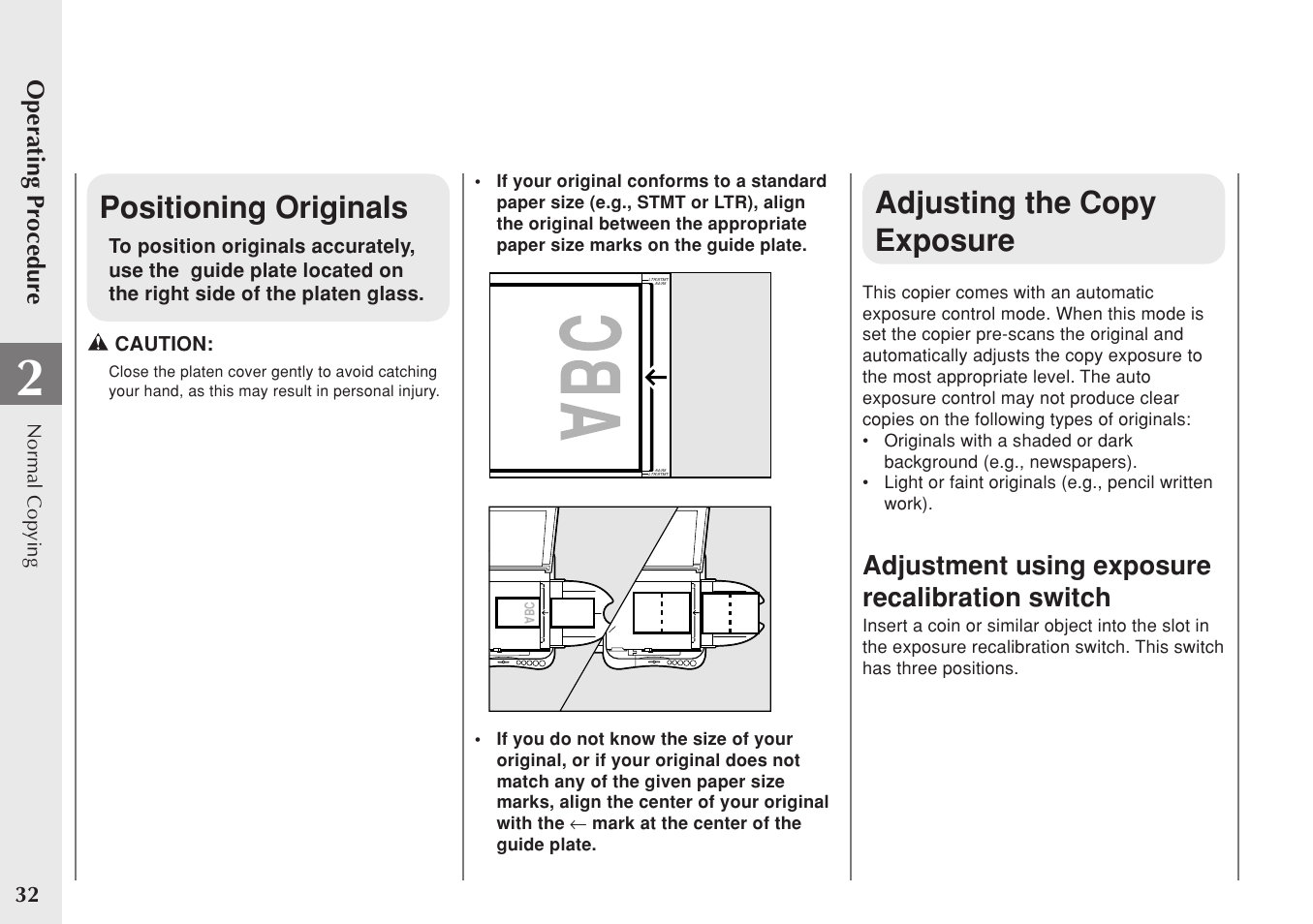 Positioning originals, Adjusting the copy exposure | Canon PC 140 User Manual | Page 34 / 60