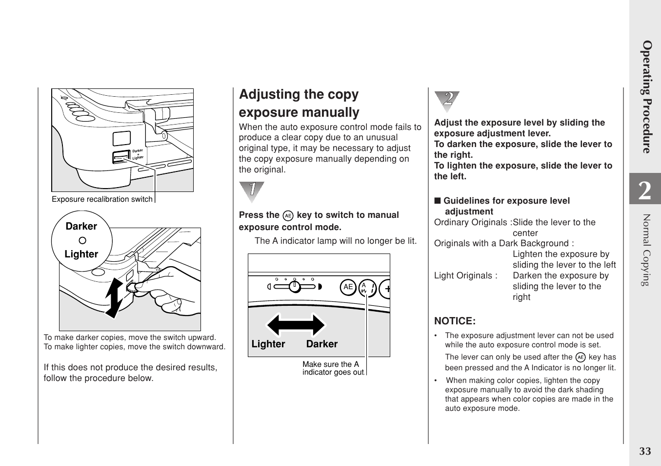 Adjusting the copy exposure manually, Operating procedure | Canon PC 140 User Manual | Page 35 / 60