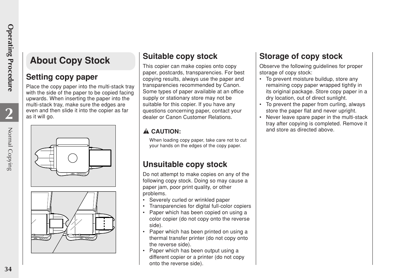 About copy stock, Setting copy paper, Suitable copy stock | Unsuitable copy stock, Storage of copy stock | Canon PC 140 User Manual | Page 36 / 60