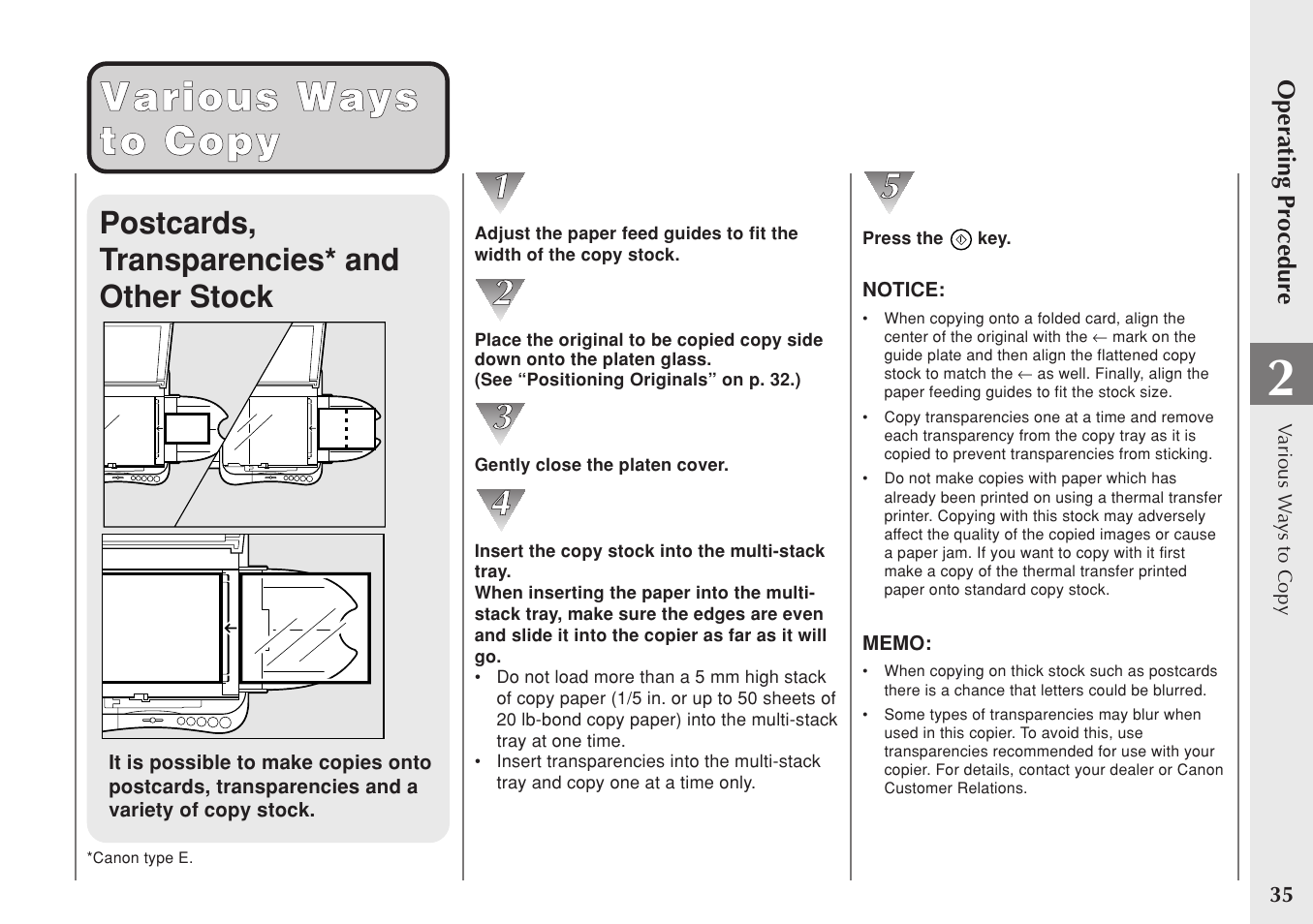 Various ways various ways to copy to copy, Postcards, transparencies* and other stock | Canon PC 140 User Manual | Page 37 / 60