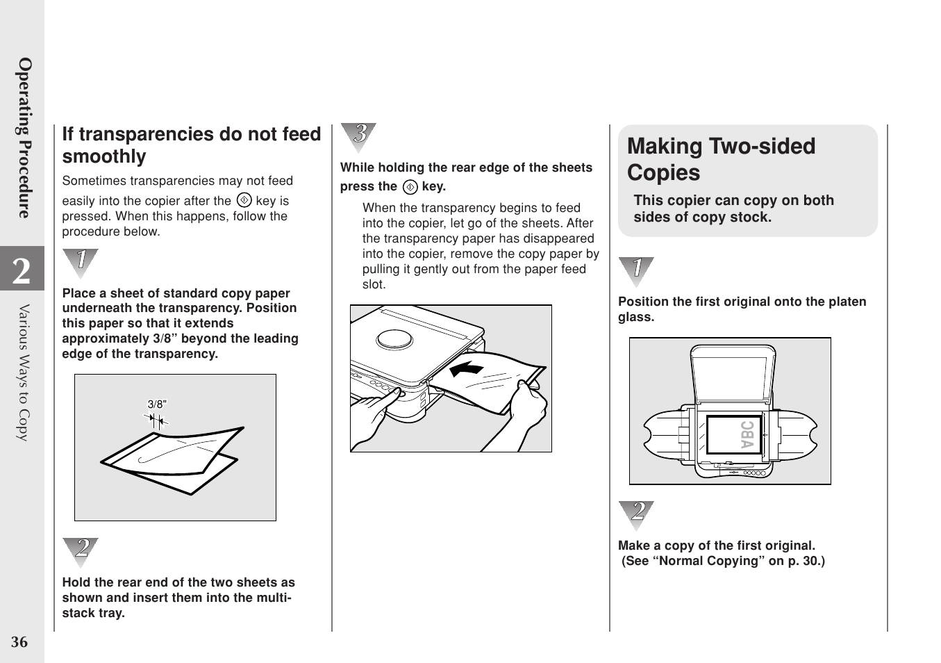 Making two-sided copies, If transparencies do not feed smoothly | Canon PC 140 User Manual | Page 38 / 60