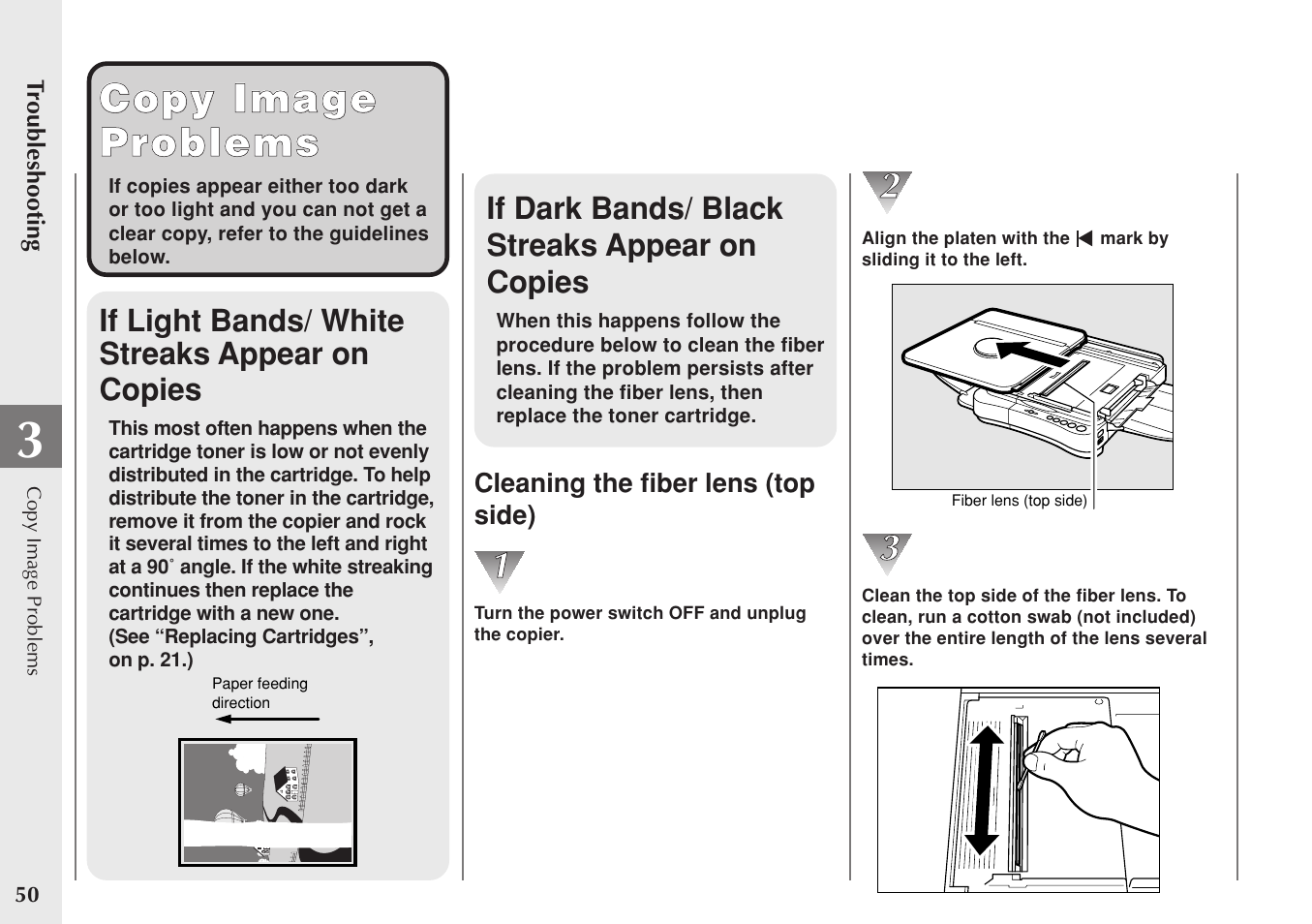 Copy image copy image problems problems, If dark bands/ black streaks appear on copies, If light bands/ white streaks appear on copies | Canon PC 140 User Manual | Page 52 / 60