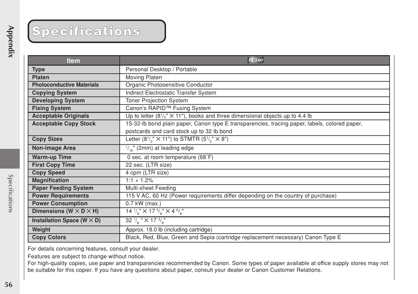 Specifications, Appendix | Canon PC 140 User Manual | Page 58 / 60