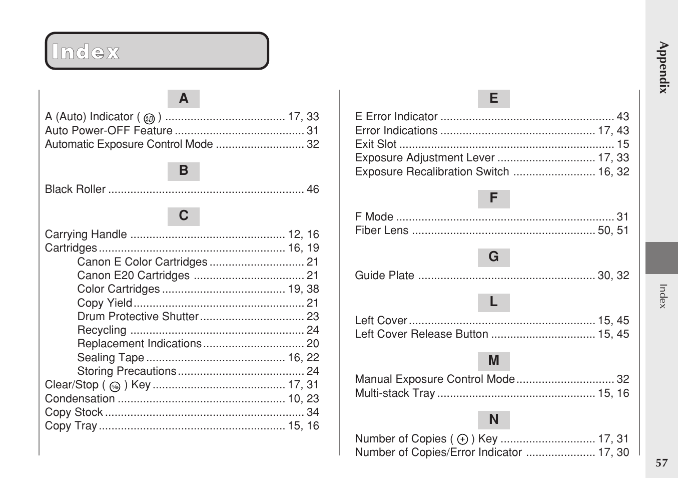 Index | Canon PC 140 User Manual | Page 59 / 60