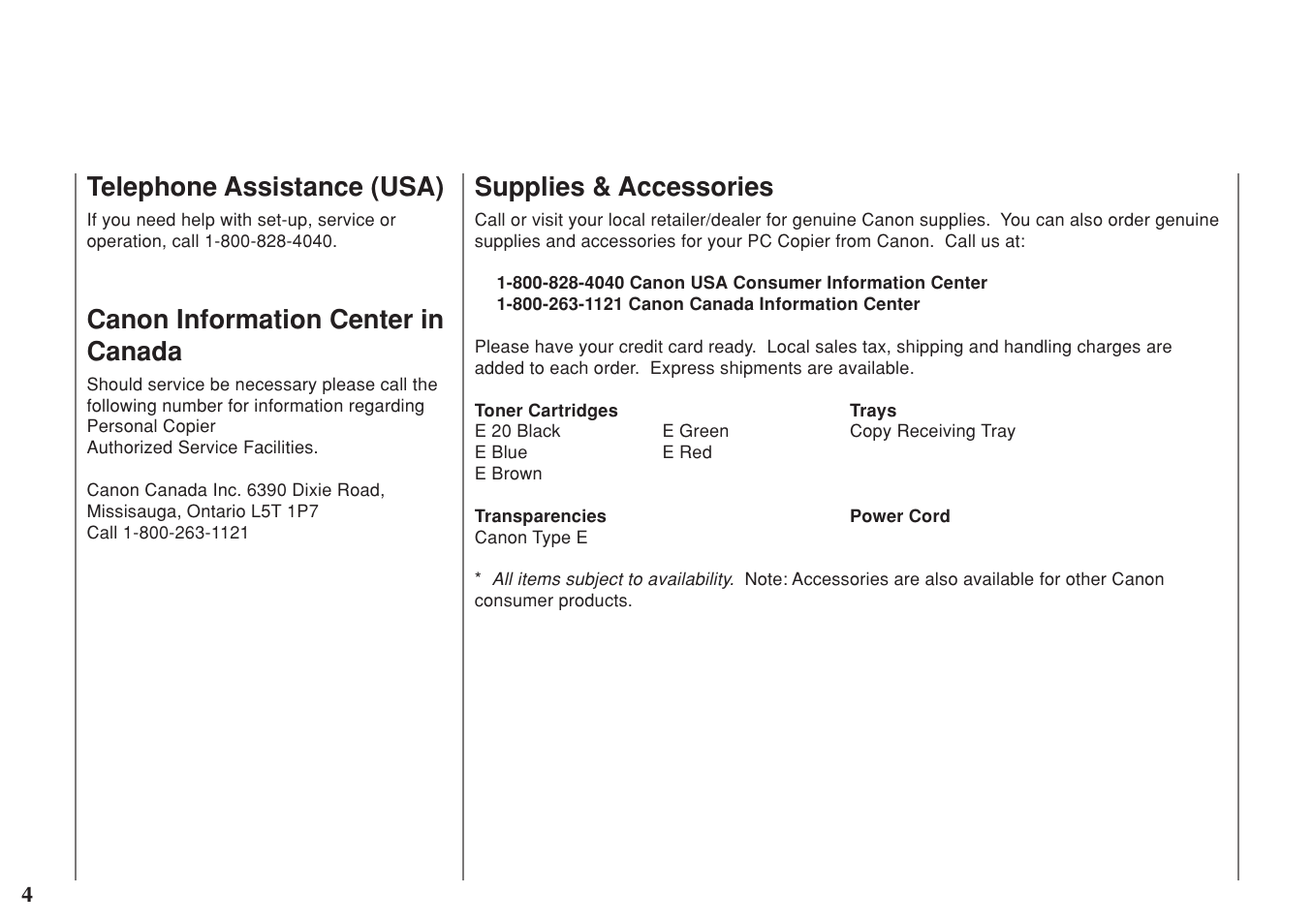 Telephone assistance (usa), Canon information center in canada, Supplies & accessories | Canon PC 140 User Manual | Page 6 / 60