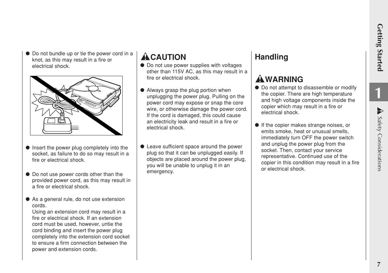 Caution, Handling warning | Canon PC 140 User Manual | Page 9 / 60