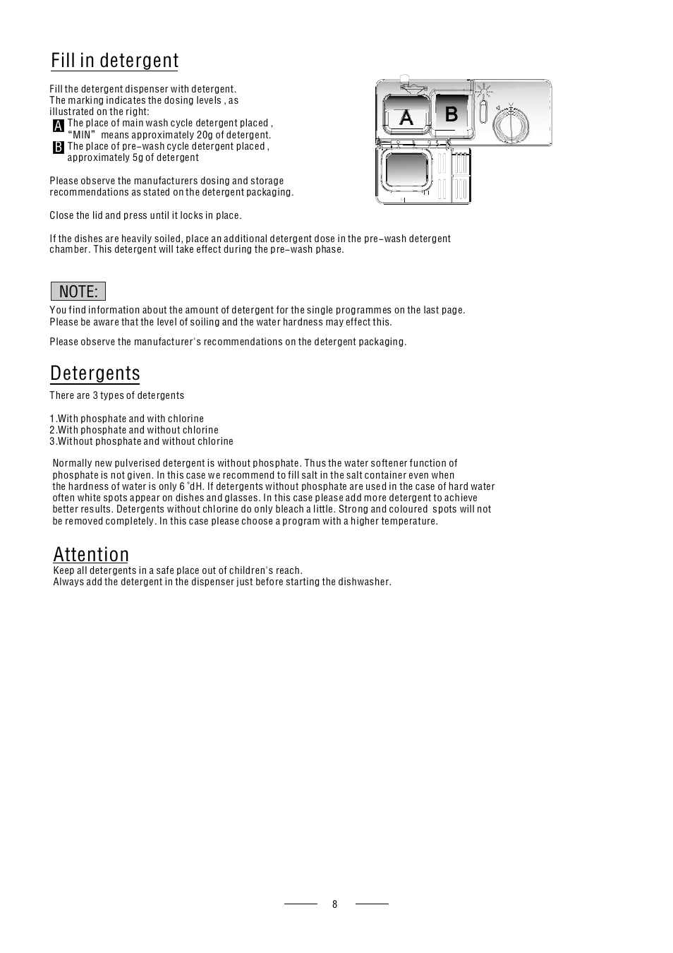 Detergents, Fill in detergent, Attention | Caple Di614 User Manual | Page 10 / 29