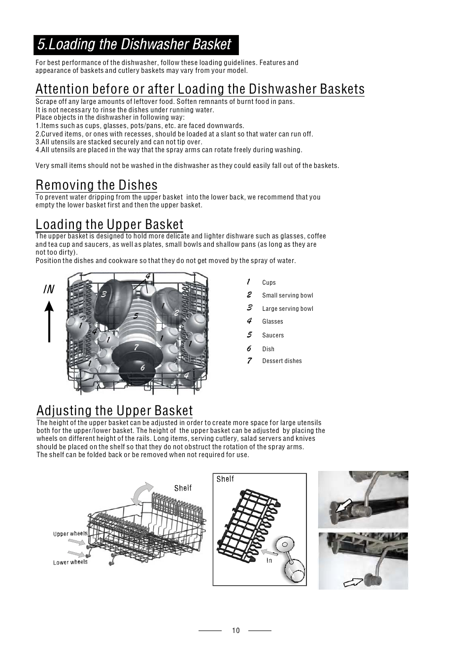 Removing the dishes, Loading the upper basket, Adjusting the upper basket | Caple Di614 User Manual | Page 12 / 29