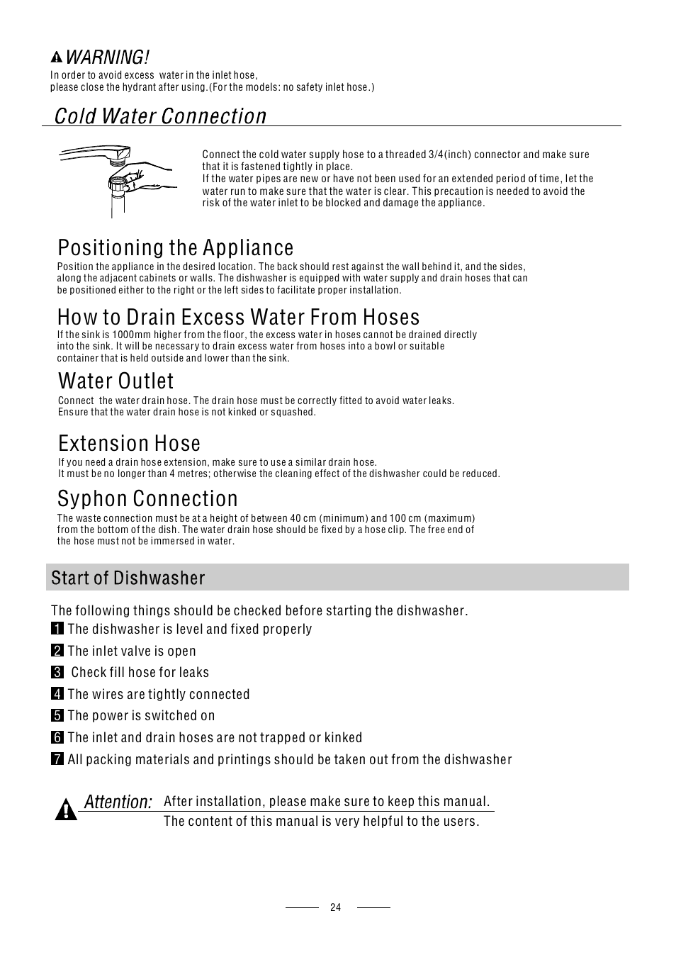 Extension hose, Water outlet, Syphon connection | Caple Di614 User Manual | Page 26 / 29