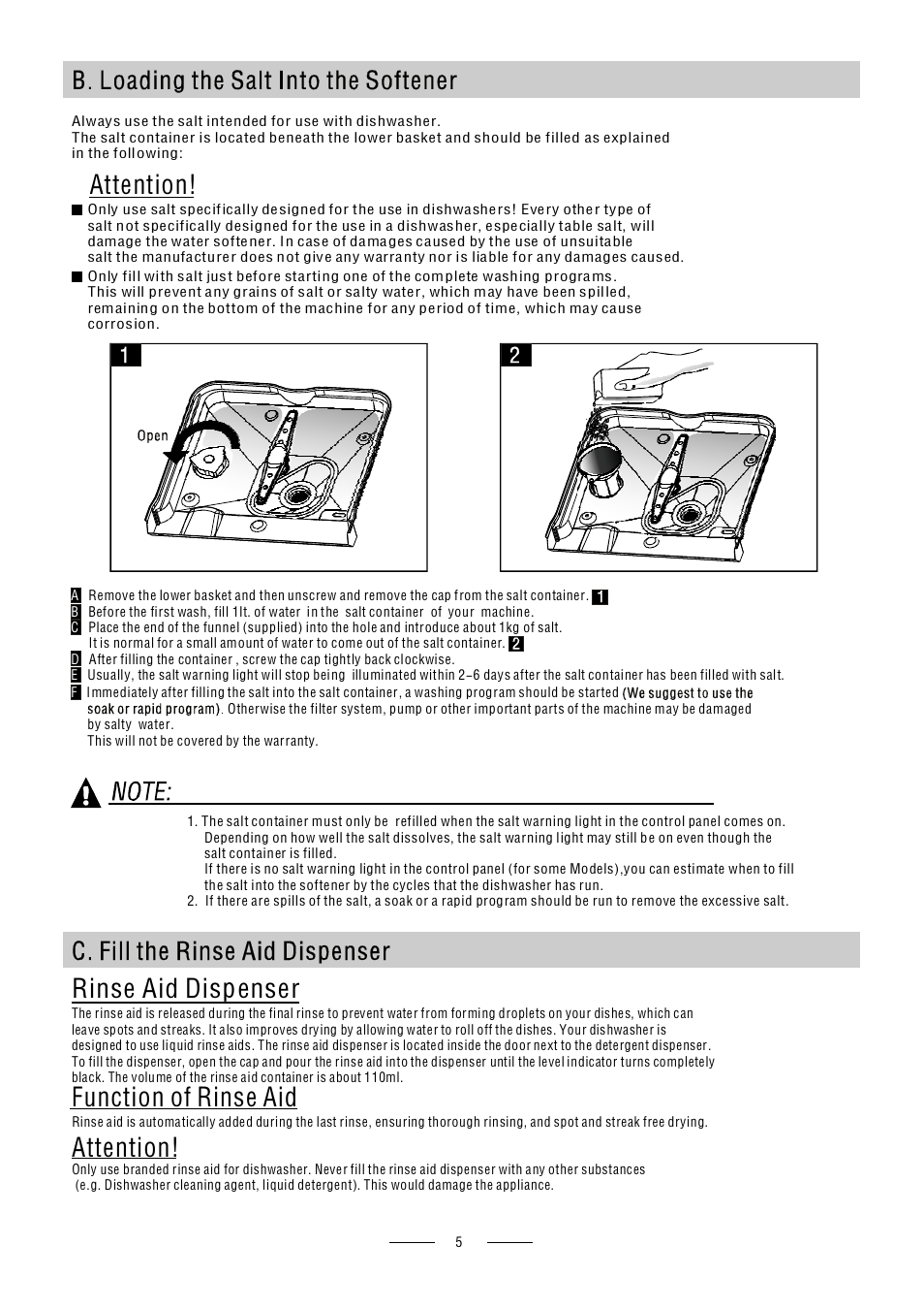 Attention, Rinse aid dispenser function of rinse aid | Caple Di614 User Manual | Page 7 / 29