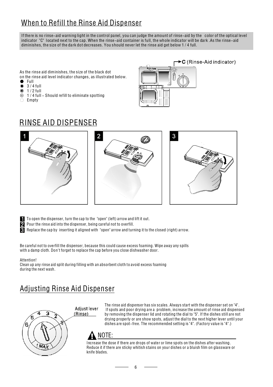 Rinse aid dispenser, Adjusting rinse aid dispenser, When to refill the rinse aid dispenser | Caple Di614 User Manual | Page 8 / 29