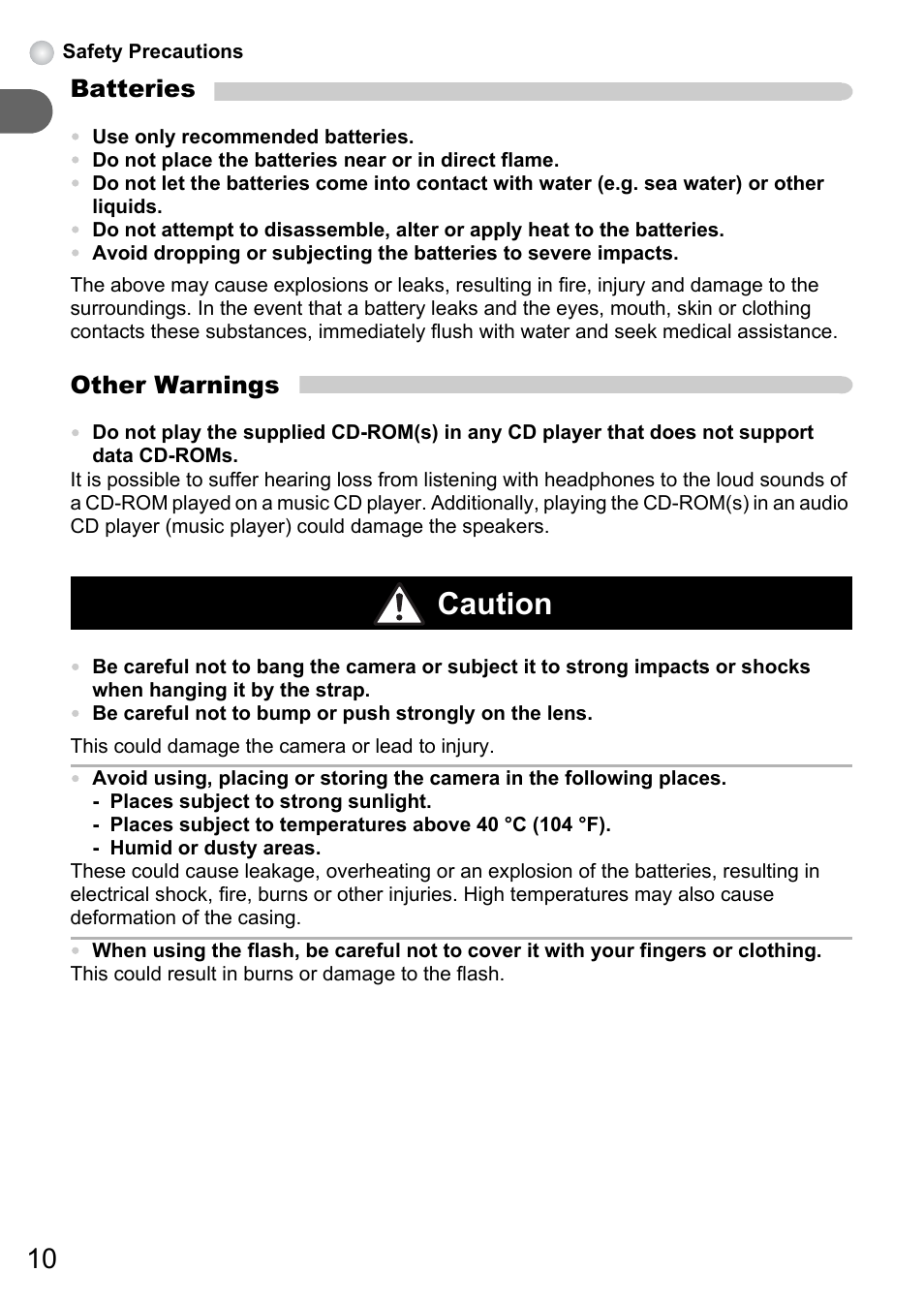 Caution | Canon PowerShot A495 User Manual | Page 10 / 131