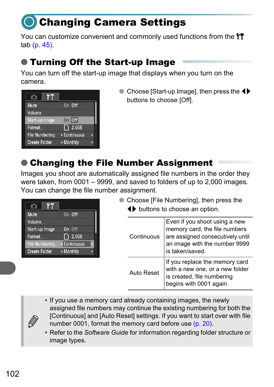 Changing camera settings, Turning off the start-up image, Changing the file number assignment | Canon PowerShot A495 User Manual | Page 102 / 131