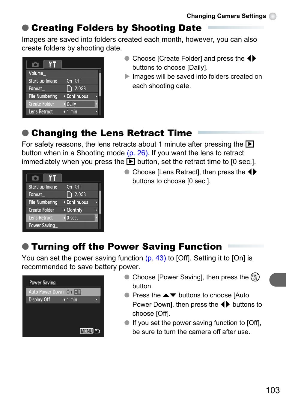 P. 103), Creating folders by shooting date, Changing the lens retract time | Turning off the power saving function | Canon PowerShot A495 User Manual | Page 103 / 131