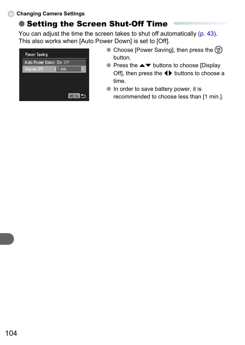 P. 104), Setting the screen shut-off time | Canon PowerShot A495 User Manual | Page 104 / 131
