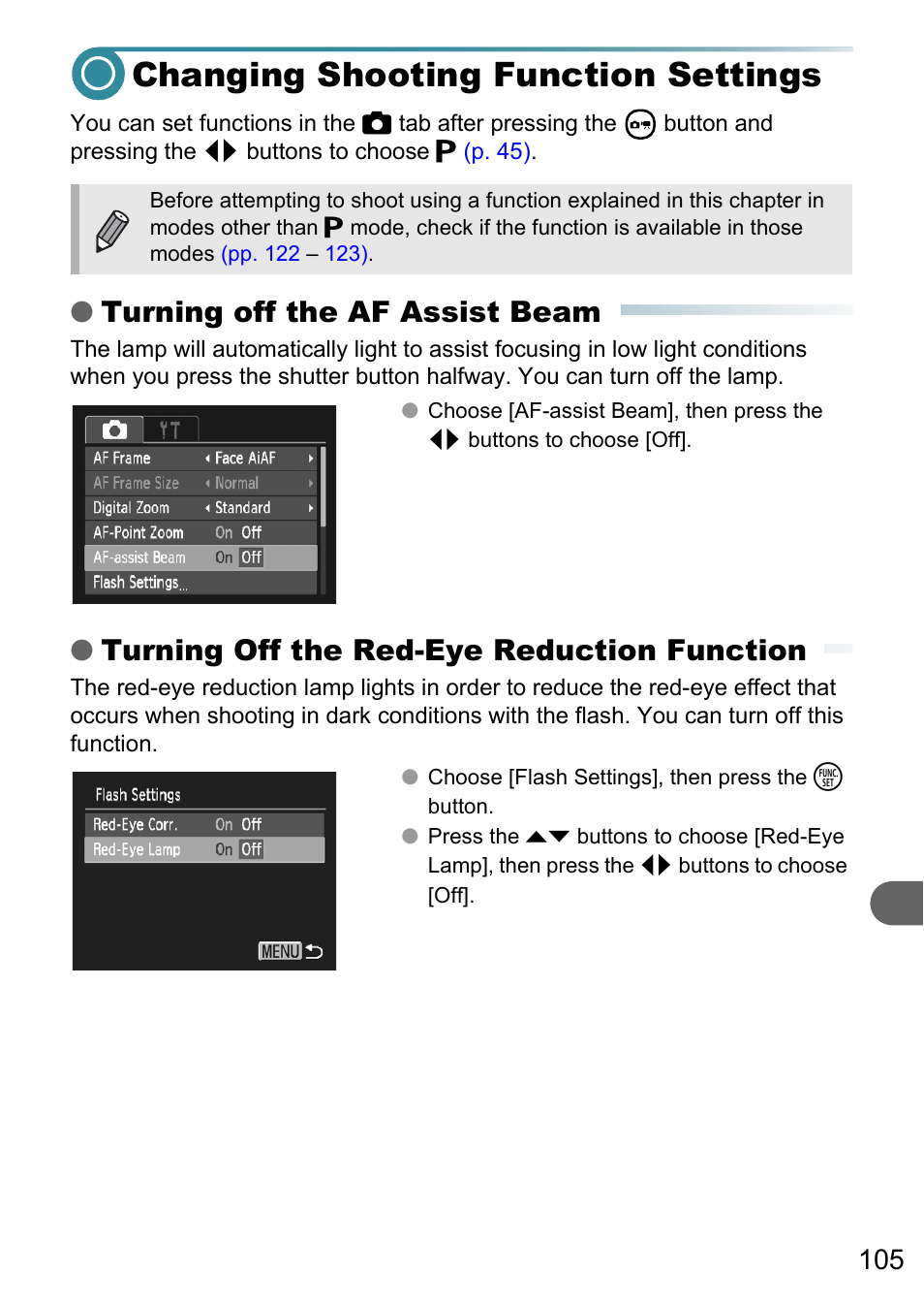 Changing shooting function settings, P. 105), Turning off the af assist beam | Turning off the red-eye reduction function | Canon PowerShot A495 User Manual | Page 105 / 131
