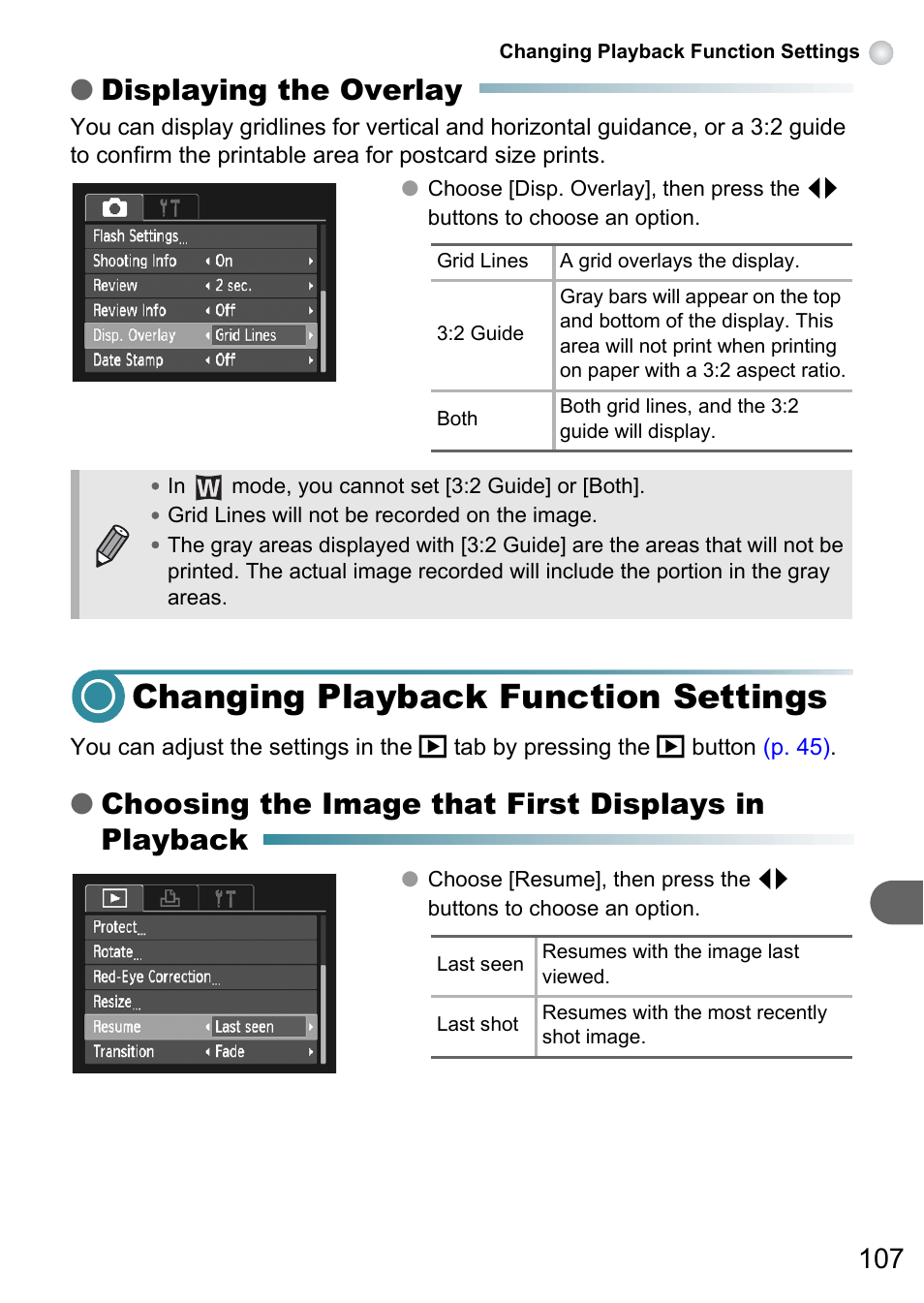 Changing playback function settings, P. 107), Displaying the overlay | Choosing the image that first displays in playback | Canon PowerShot A495 User Manual | Page 107 / 131