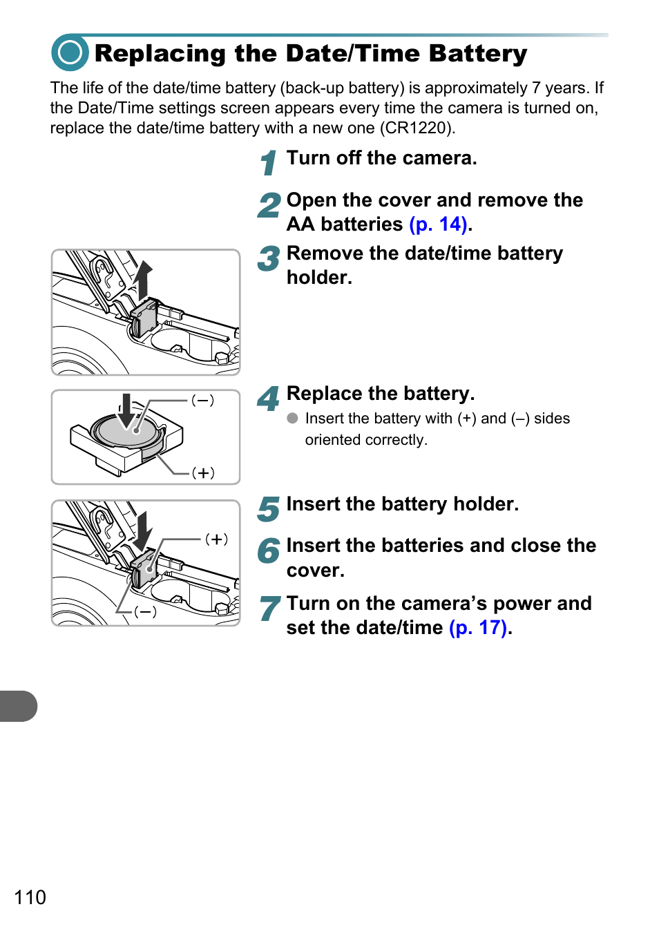 Replacing the date/time battery, P. 110) | Canon PowerShot A495 User Manual | Page 110 / 131