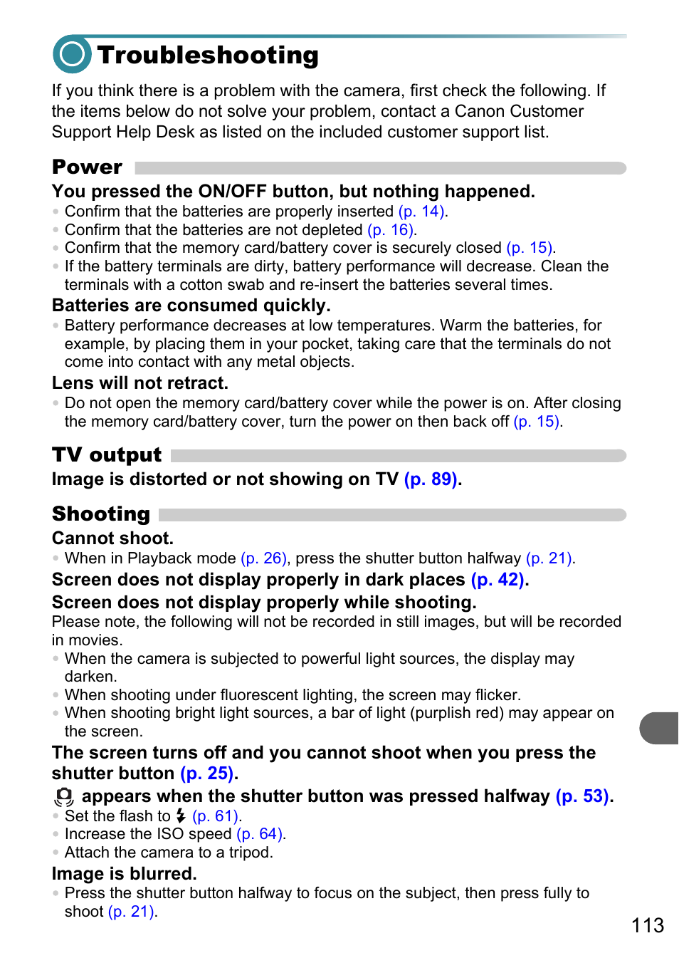 Troubleshooting, Power, Tv output | Shooting | Canon PowerShot A495 User Manual | Page 113 / 131