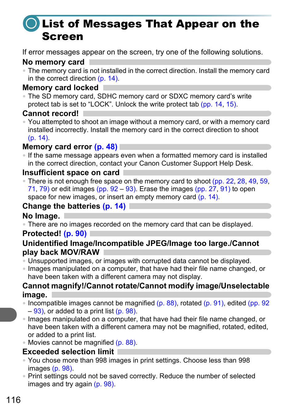 List of messages that appear on the screen | Canon PowerShot A495 User Manual | Page 116 / 131