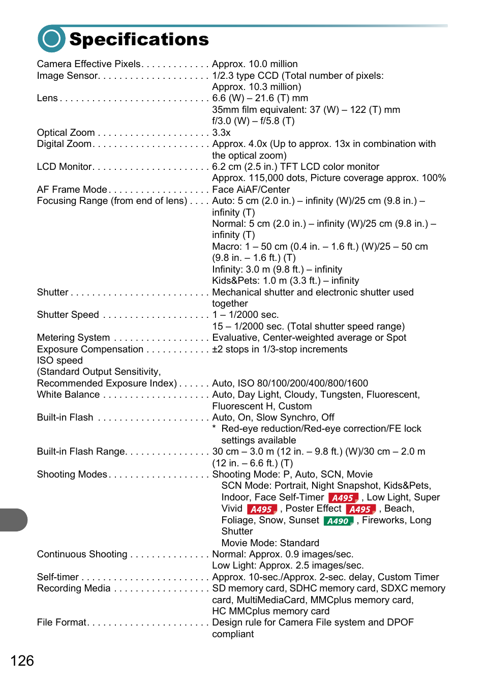 Specifications, Ance, P. 126) | Canon PowerShot A495 User Manual | Page 126 / 131