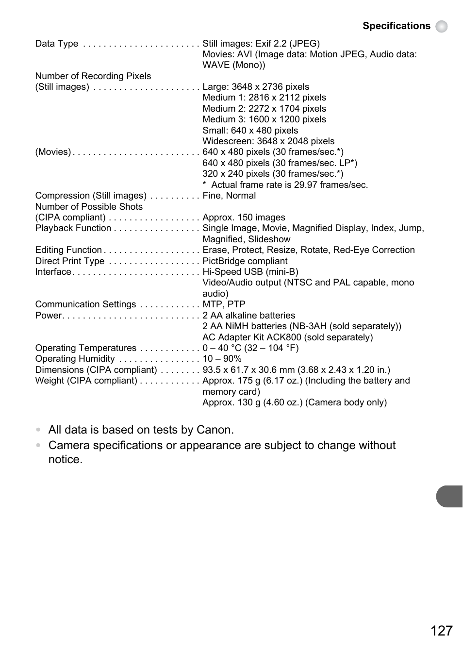 Canon PowerShot A495 User Manual | Page 127 / 131