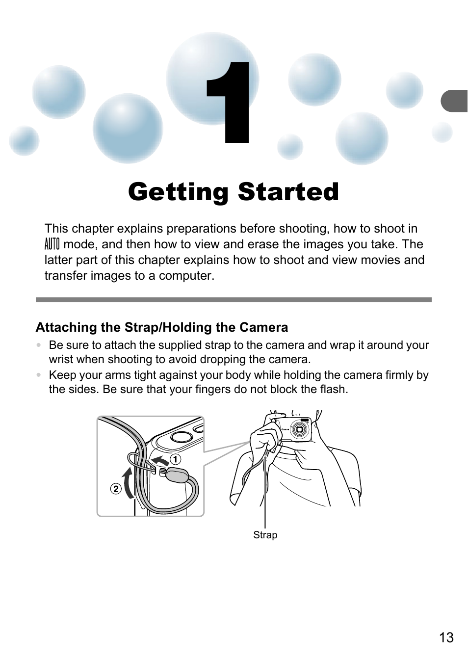 1 getting started, Getting started | Canon PowerShot A495 User Manual | Page 13 / 131
