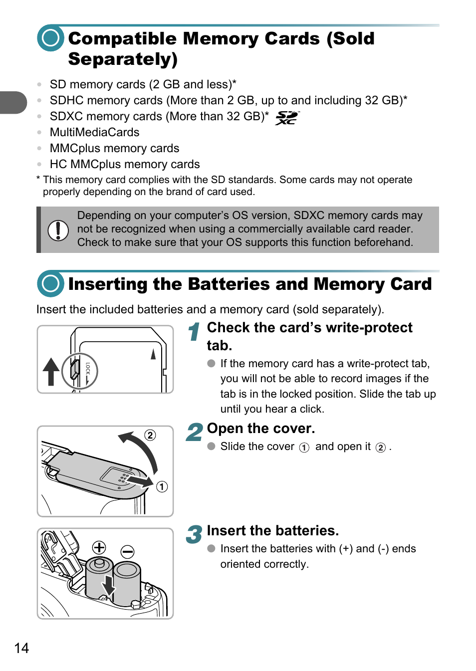 Compatible memory cards (sold separately), Inserting the batteries and memory card | Canon PowerShot A495 User Manual | Page 14 / 131