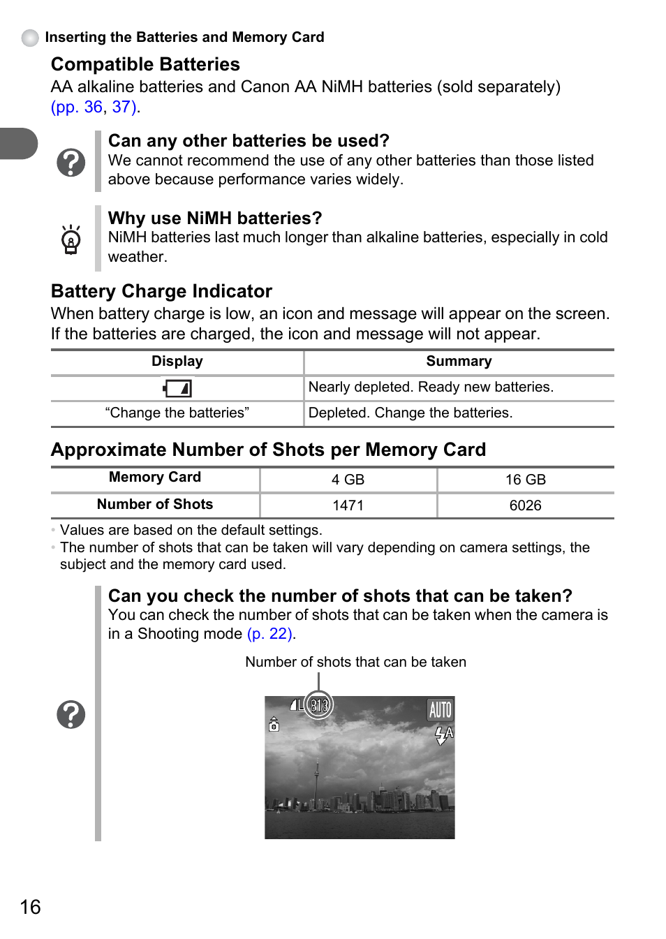 Compatible batteries, Battery charge indicator | Canon PowerShot A495 User Manual | Page 16 / 131