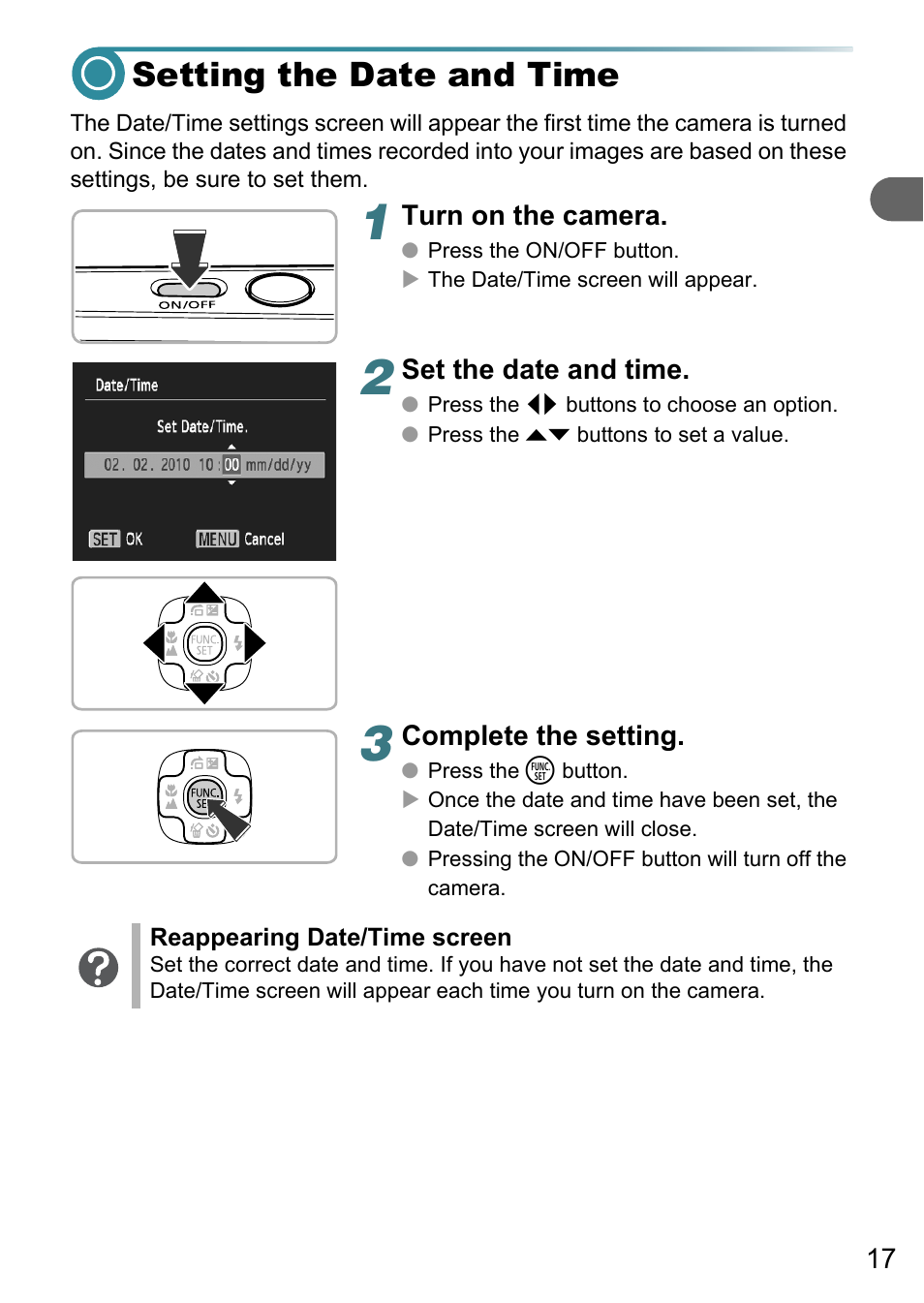 Setting the date and time | Canon PowerShot A495 User Manual | Page 17 / 131