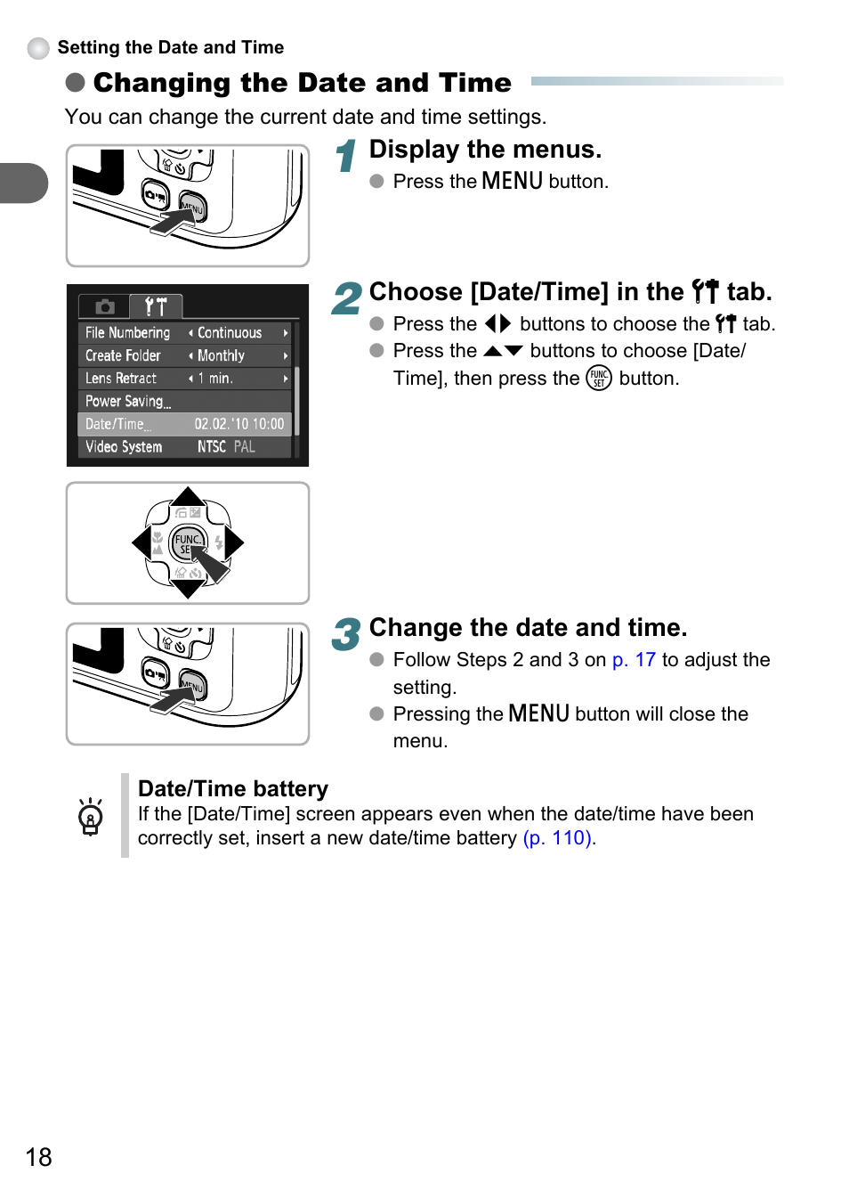 Changing the date and time | Canon PowerShot A495 User Manual | Page 18 / 131