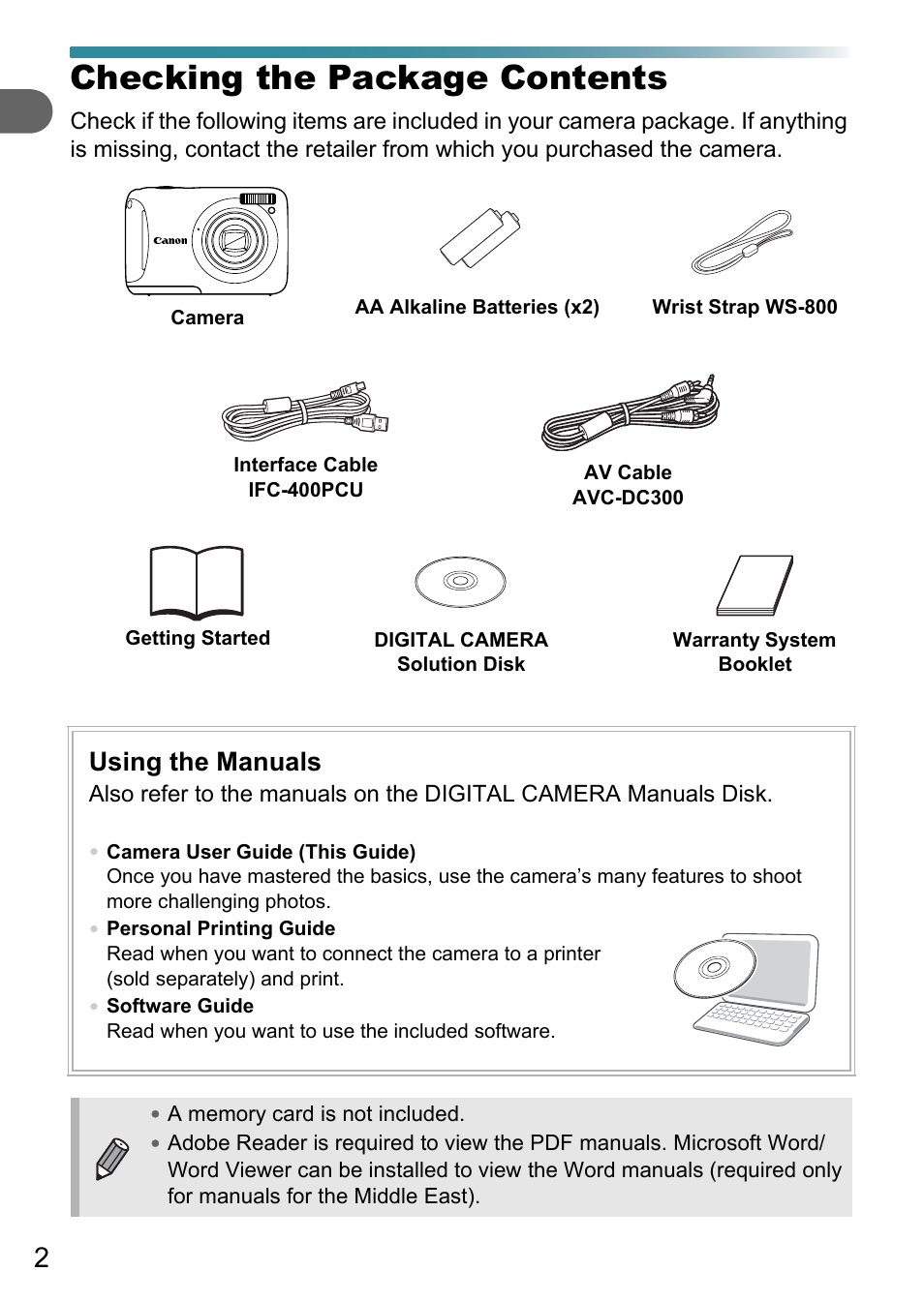 Checking the package contents, Using the manuals | Canon PowerShot A495 User Manual | Page 2 / 131